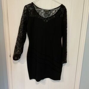 Red London Bodycon Dress Womens 12 Black Excellent Lace Long Sleeve Cocktail